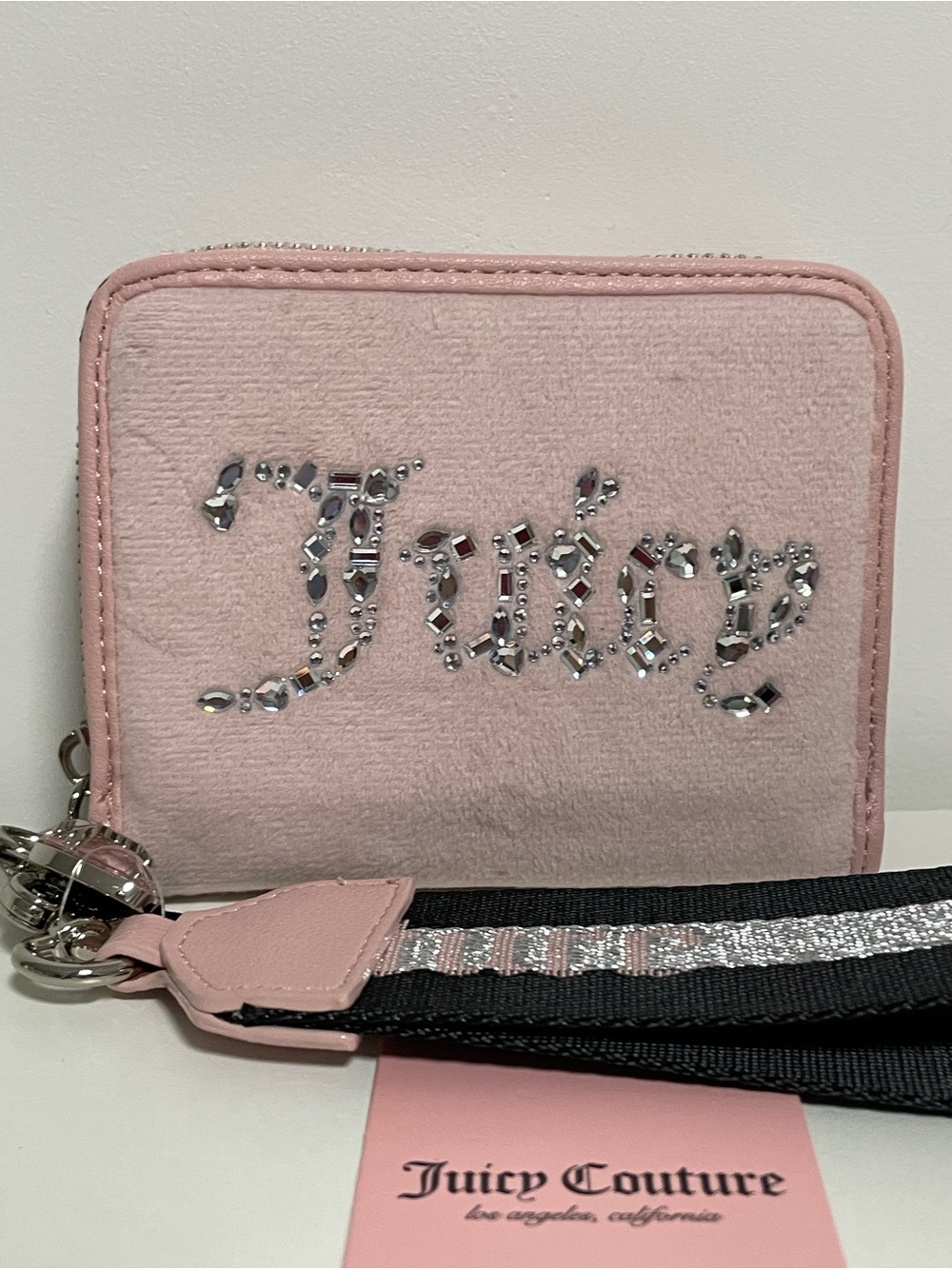Juicy Couture Blush Pink Crystal Logo Card Holder with Black Strap
